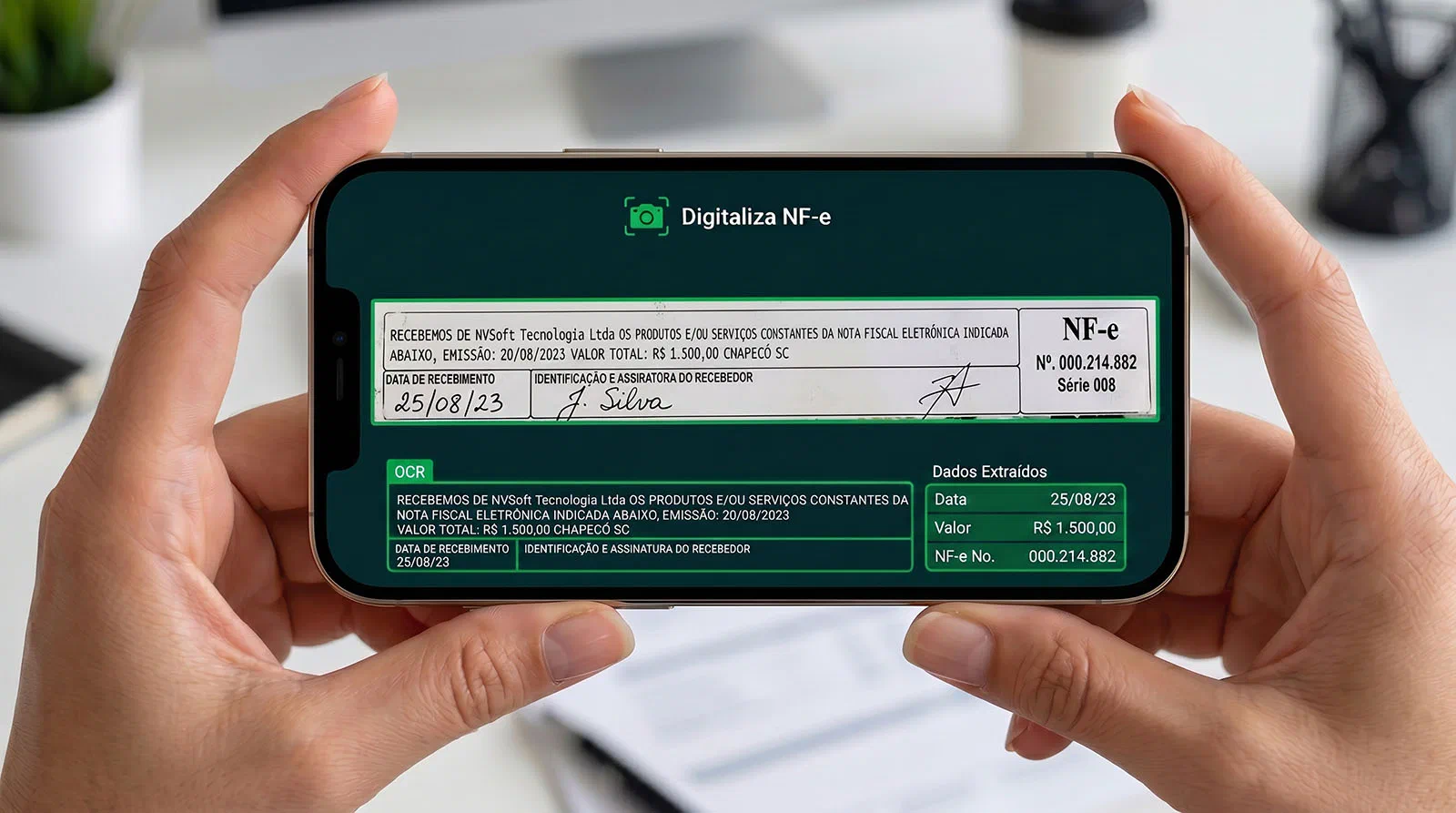 App FleetZip digitalizando o canhoto de uma NF-e — OCR destacando os campos e os dados extraídos automaticamente